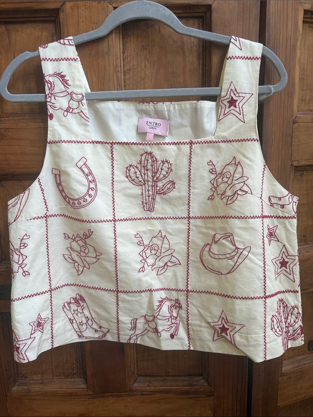 entro Cream Tank Top with Red Western Embroidery perfect for game day!
